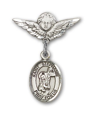 Pin Badge with St. Stephanie Charm and Angel with Smaller Wings Badge Pin - Silver tone