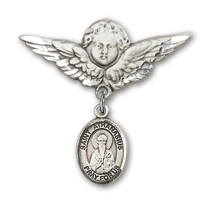 Pin Badge with St. Athanasius Charm and Angel with Larger Wings Badge Pin - Silver tone