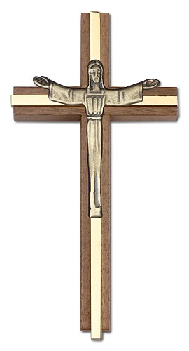 Contemporary Risen Christ Wall Cross in Walnut and Metal Inlay 6&quot; - Gold Tone