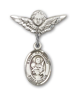 Pin Badge with St. Raymond Nonnatus Charm and Angel with Smaller Wings Badge Pin - Silver tone