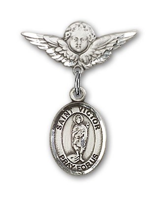 Pin Badge with St. Victor of Marseilles Charm and Angel with Smaller Wings Badge Pin - Silver tone