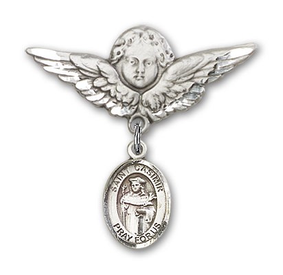 Pin Badge with St. Casimir of Poland Charm and Angel with Larger Wings Badge Pin - Silver tone