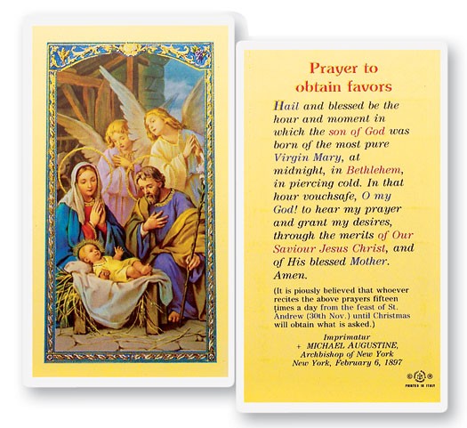 Prayer To Obtain Favors Christmas Laminated Prayer Card - 25 Cards Per Pack .80 per card