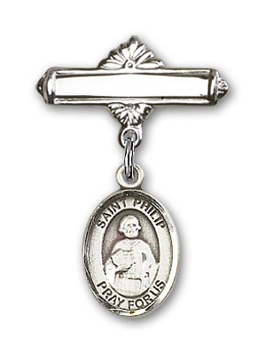 Pin Badge with St. Philip the Apostle Charm and Polished Engravable Badge Pin - Silver tone