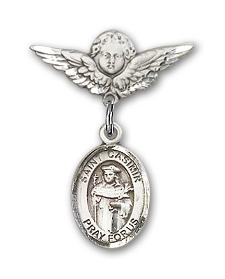 Pin Badge with St. Casimir of Poland Charm and Angel with Smaller Wings Badge Pin - Silver tone