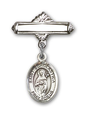 Pin Badge with St. Scholastica Charm and Polished Engravable Badge Pin - Silver tone