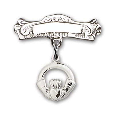Pin Badge with Claddagh Charm and Arched Polished Engravable Badge Pin - Silver tone