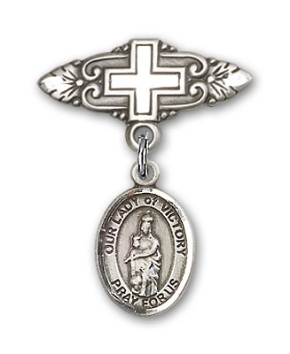 Pin Badge with Our Lady of Victory Charm and Badge Pin with Cross - Silver tone