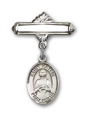 Pin Badge with St. Kateri Charm and Polished Engravable Badge Pin - Silver tone