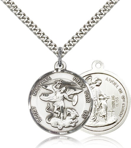 Double Sided St. Michael &amp; Guardian Angel Medal - Sterling Silver