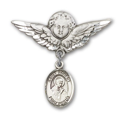 Pin Badge with St. Robert Bellarmine Charm and Angel with Larger Wings Badge Pin - Silver tone