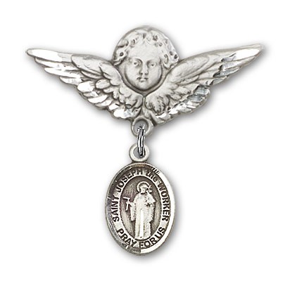 Pin Badge with St. Joseph the Worker Charm and Angel with Larger Wings Badge Pin - Silver tone