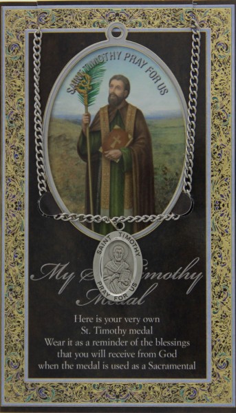 St. Timothy Medal in Pewter with Bi-Fold Prayer Card - Silver tone