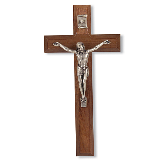Walnut Wall Cross with Pewter Jesus and INRI Plaque - 7 inch - Brown