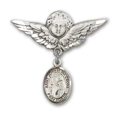 Pin Badge with St. John of the Cross Charm and Angel with Larger Wings Badge Pin - Silver tone