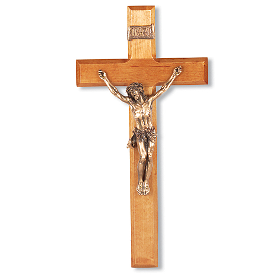 Gold-tone Corpus and Natural Cherry Wood Wall Crucifix - 12 inch - Brown