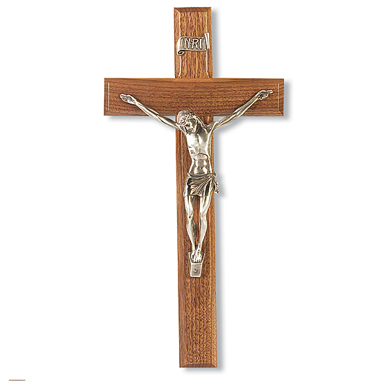 Narrow Corpus with Silver-tone Walnut Wall Crucifix - 12 inch - Brown
