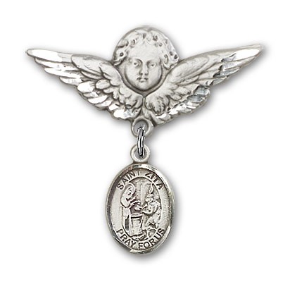 Pin Badge with St. Zita Charm and Angel with Larger Wings Badge Pin - Silver tone