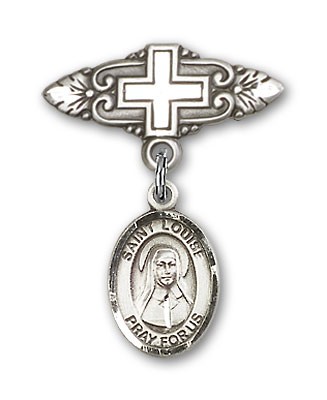 Pin Badge with St. Louise de Marillac Charm and Badge Pin with Cross - Silver tone