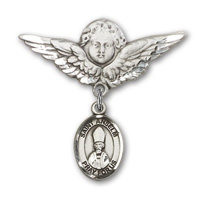 Pin Badge with St. Anselm of Canterbury Charm and Angel with Larger Wings Badge Pin - Silver tone