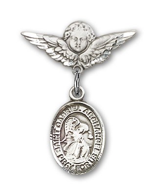 Pin Badge with St. Gabriel the Archangel Charm and Angel with Smaller Wings Badge Pin - Silver tone