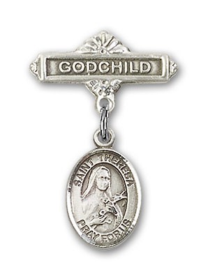Pin Badge with St. Theresa Charm and Godchild Badge Pin - Silver tone