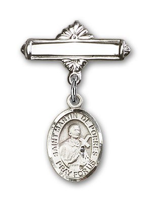 Pin Badge with St. Martin de Porres Charm and Polished Engravable Badge Pin - Silver tone