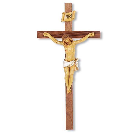 Slimline Hand-Painted Corpus Walnut Wall Crucifix - 13 inch - Brown