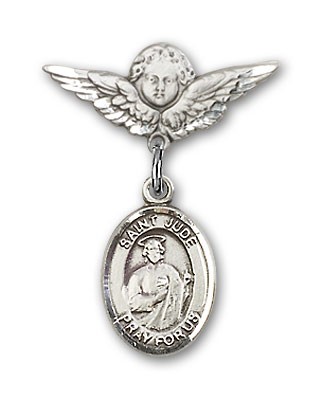 Pin Badge with St. Jude Thaddeus Charm and Angel with Smaller Wings Badge Pin - Silver tone
