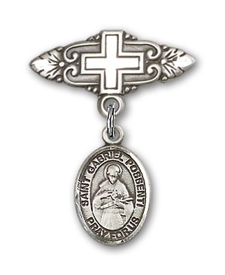 Pin Badge with St. Gabriel Possenti Charm and Badge Pin with Cross - Silver tone