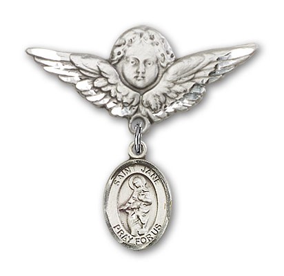 Pin Badge with St. Jane of Valois Charm and Angel with Larger Wings Badge Pin - Silver tone