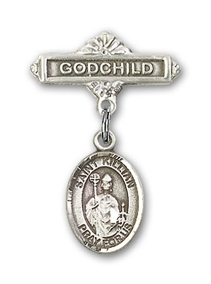 Pin Badge with St. Kilian Charm and Godchild Badge Pin - Silver tone