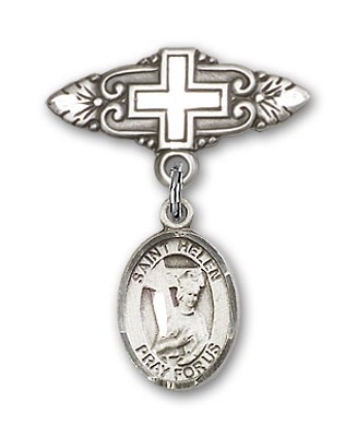 Pin Badge with St. Helen Charm and Badge Pin with Cross - Silver tone