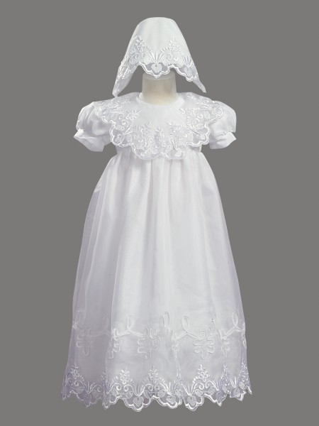Long Embroidered Organza Baptism Gown - White