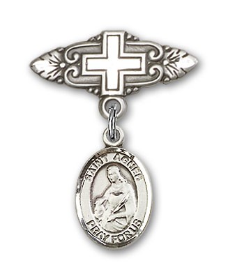 Pin Badge with St. Agnes of Rome Charm and Badge Pin with Cross - Silver tone