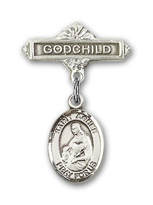 Pin Badge with St. Agnes of Rome Charm and Godchild Badge Pin - Silver tone