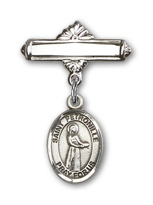 Pin Badge with St. Petronille Charm and Polished Engravable Badge Pin - Silver tone