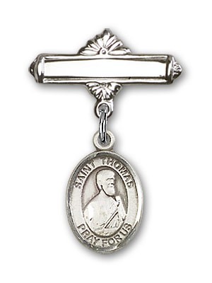Pin Badge with St. Thomas the Apostle Charm and Polished Engravable Badge Pin - Silver tone