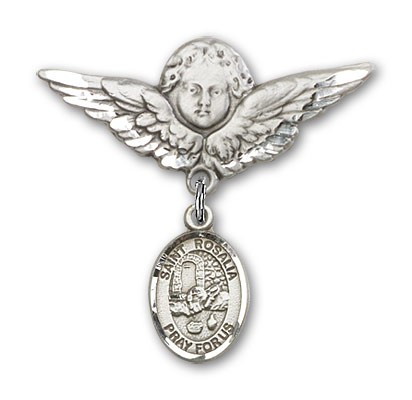 Pin Badge with St. Rosalia Charm and Angel with Larger Wings Badge Pin - Silver tone