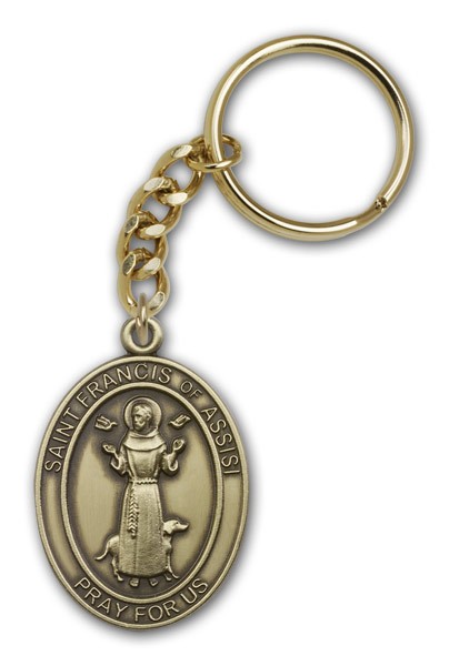 St. Francis of Assisi Oval Shaped Keychain - Antique Gold