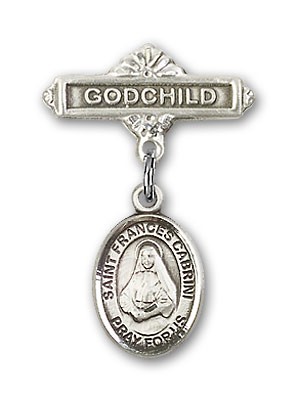 Pin Badge with St. Frances Cabrini Charm and Godchild Badge Pin - Silver tone