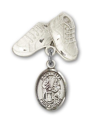 Pin Badge with St. Zita Charm and Baby Boots Pin - Silver tone