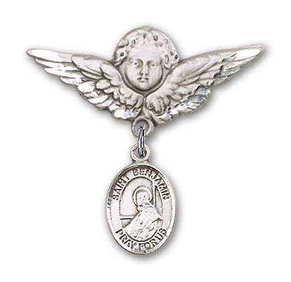 Pin Badge with St. Benjamin Charm and Angel with Larger Wings Badge Pin - Silver tone