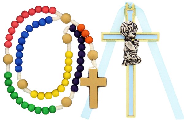 Kneeling Boy Cross with Baby Rosary Set - Multi-Color