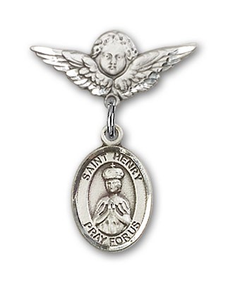 Pin Badge with St. Henry II Charm and Angel with Smaller Wings Badge Pin - Silver tone