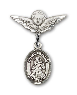Pin Badge with St. Isaiah Charm and Angel with Smaller Wings Badge Pin - Silver tone