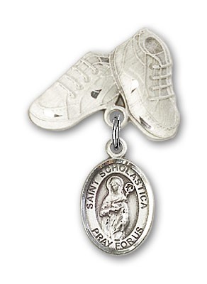 Pin Badge with St. Scholastica Charm and Baby Boots Pin - Silver tone