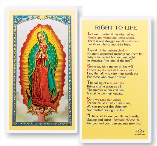 Our Lady of Guadalupe Right to Life Laminated Prayer Card - 25 Cards Per Pack .80 per card