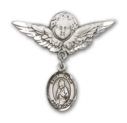 Pin Badge with St. Alice Charm and Angel with Larger Wings Badge Pin - Silver tone