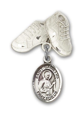 Pin Badge with St. Camillus of Lellis Charm and Baby Boots Pin - Silver tone